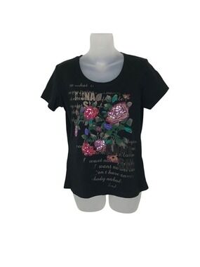 Anna Sui Black Floral Embellished T-shirt With Lace Back Size M